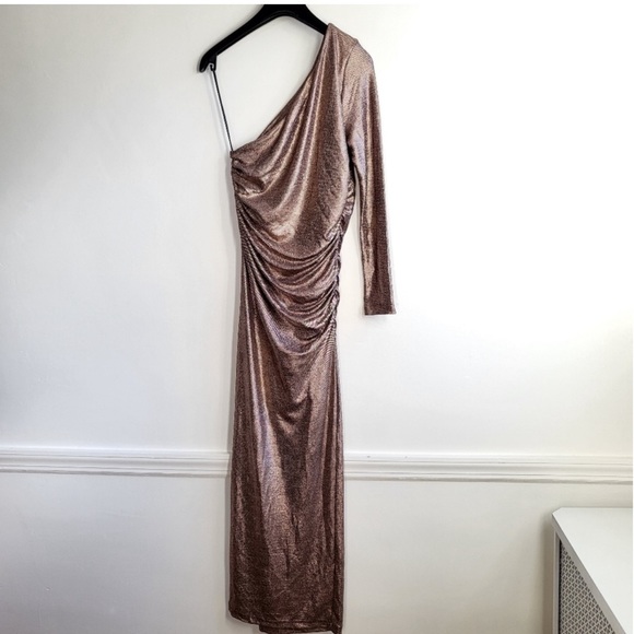 New Zara Sparkly Draped One Sleeve Asymmetric Copper Bronze Dress NWT Size M - Picture 9 of 10